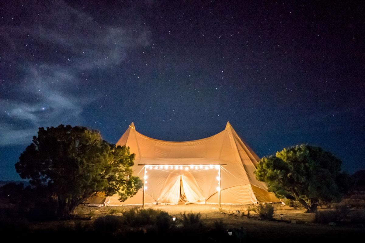 a 4 man canvas tent with pretty lights