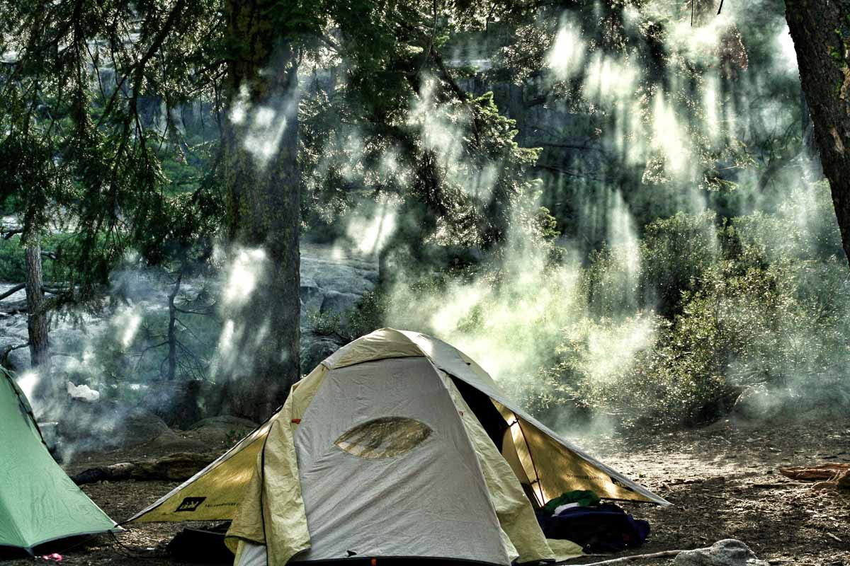 a white waterproof 4 man tent in the misty forest