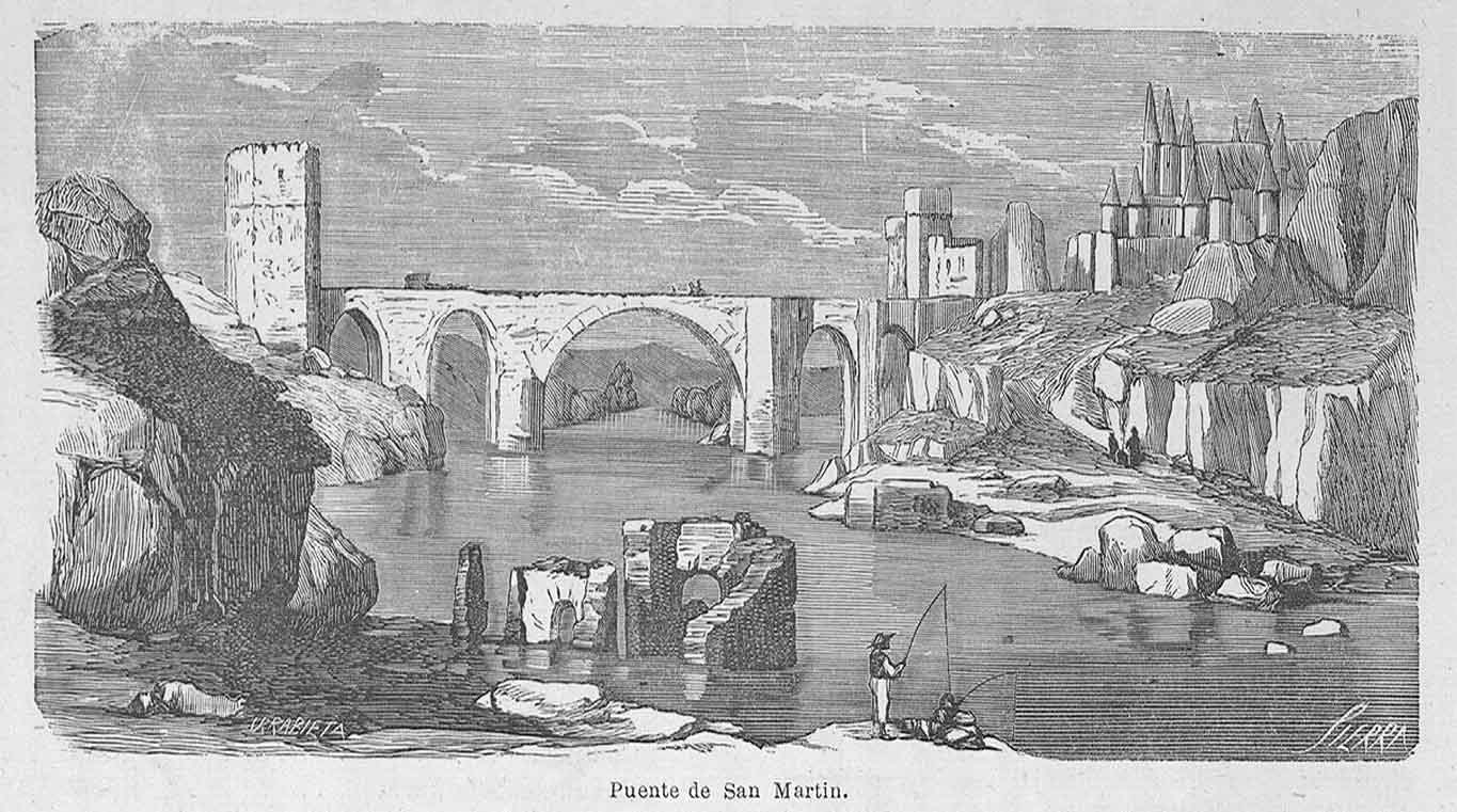black and white drawing of the puente de san martin toledo spain