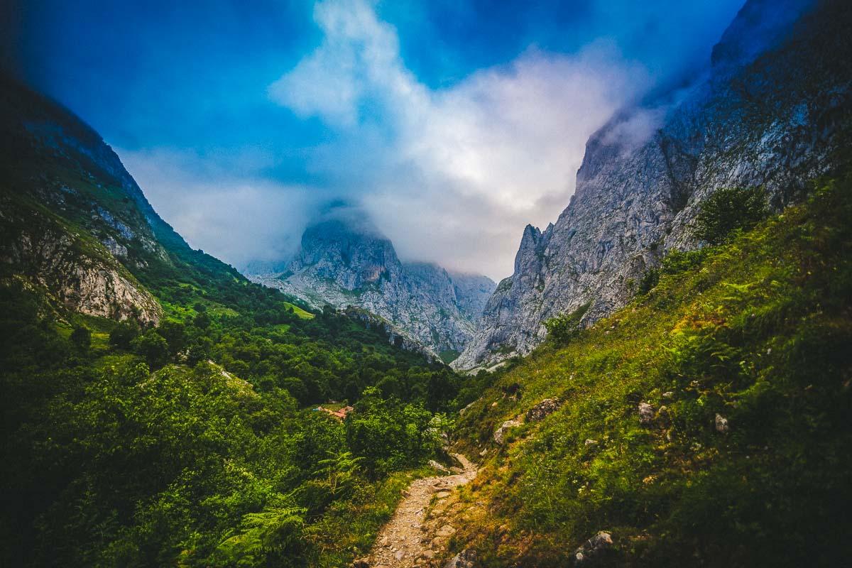 changing weather in picos de europa with fog above bulnes