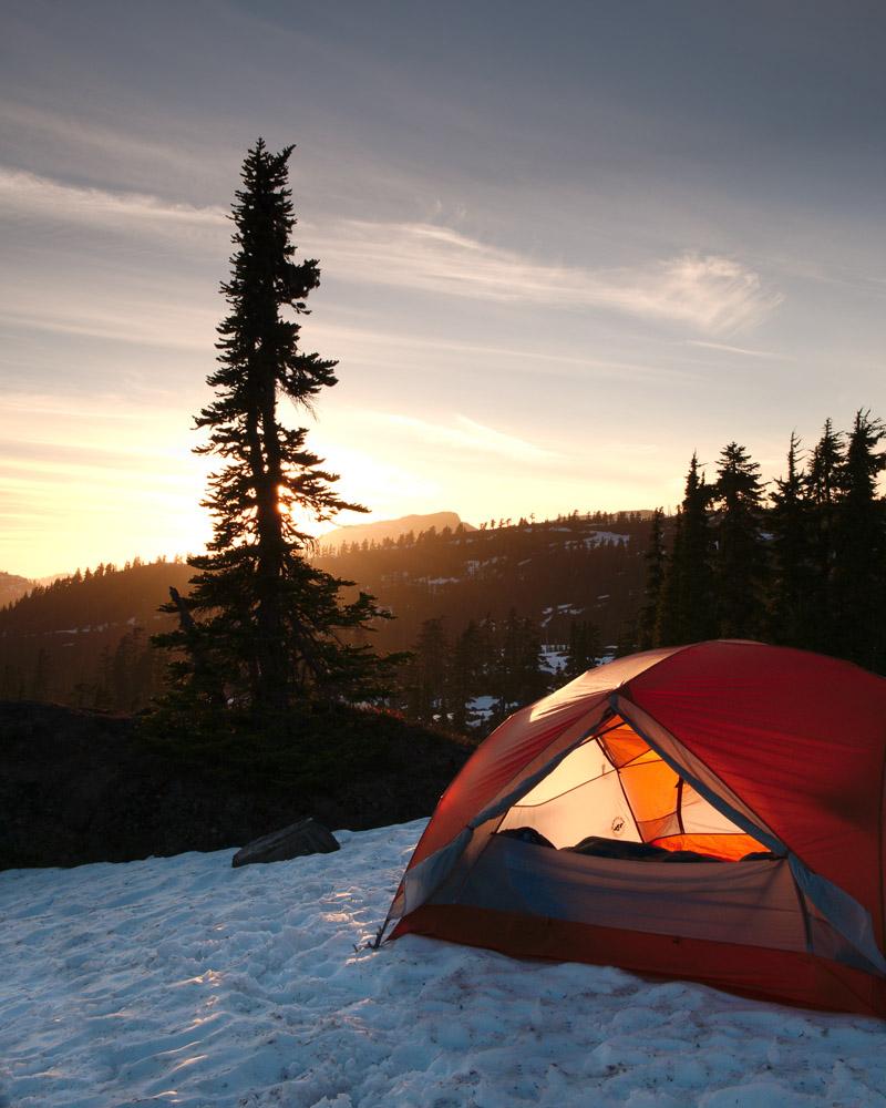 camping in a lightweight 4 person tent in the snow