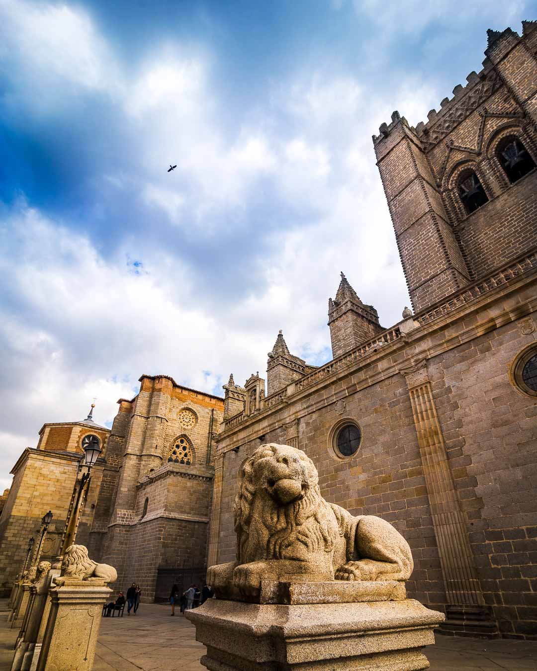 lion statue in front of the avila cathedral
