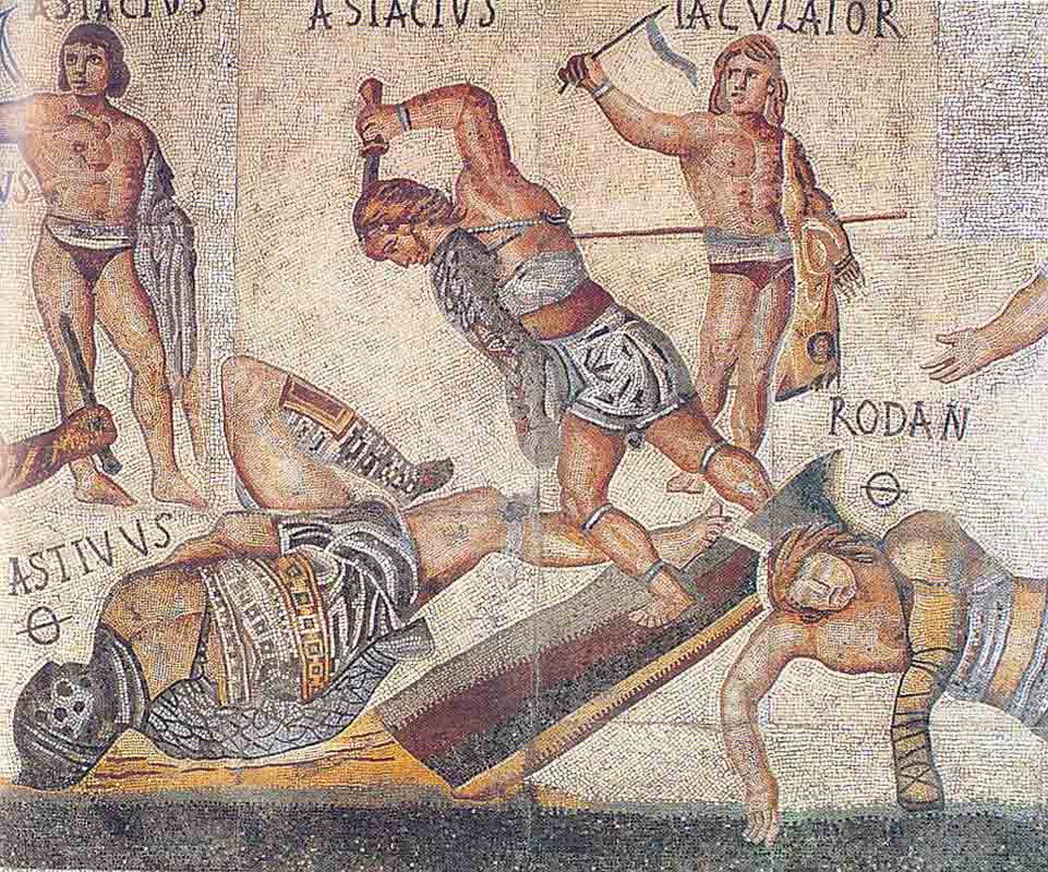gladiators on a mosaic in rome italy