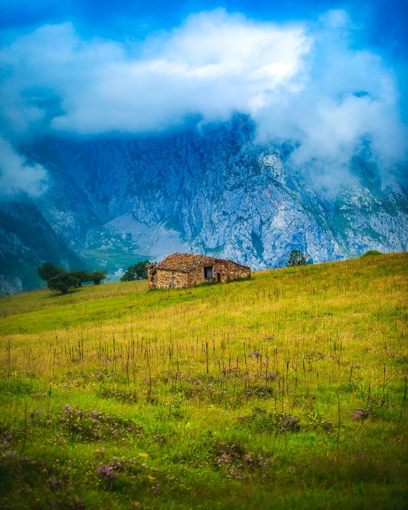 mountain hut under foggy weather in asturias