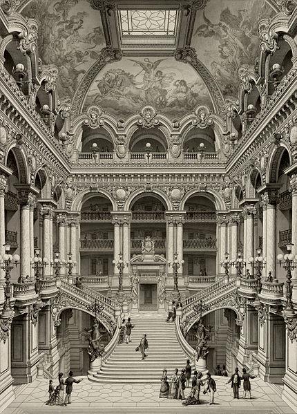 historical drawing of the grand foyer opera garnier