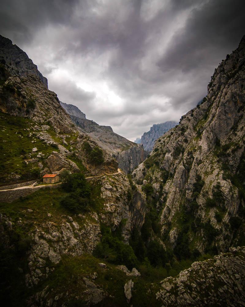 mountain hut under the rain on the ruta del cares