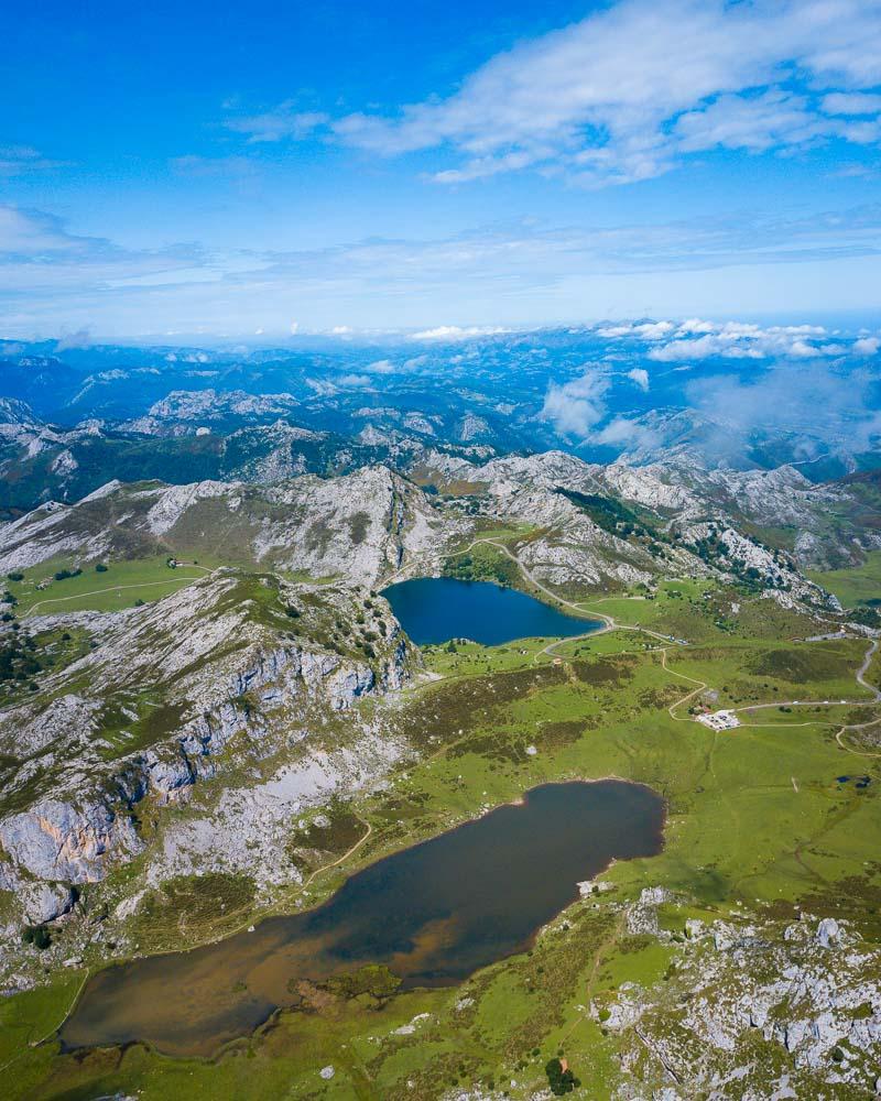 view of the covadonga lakes in the parque nacional picos de europa