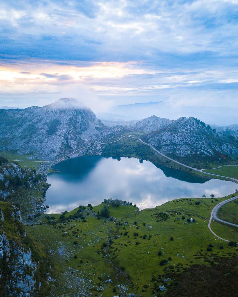 covadonga lakes at sunset