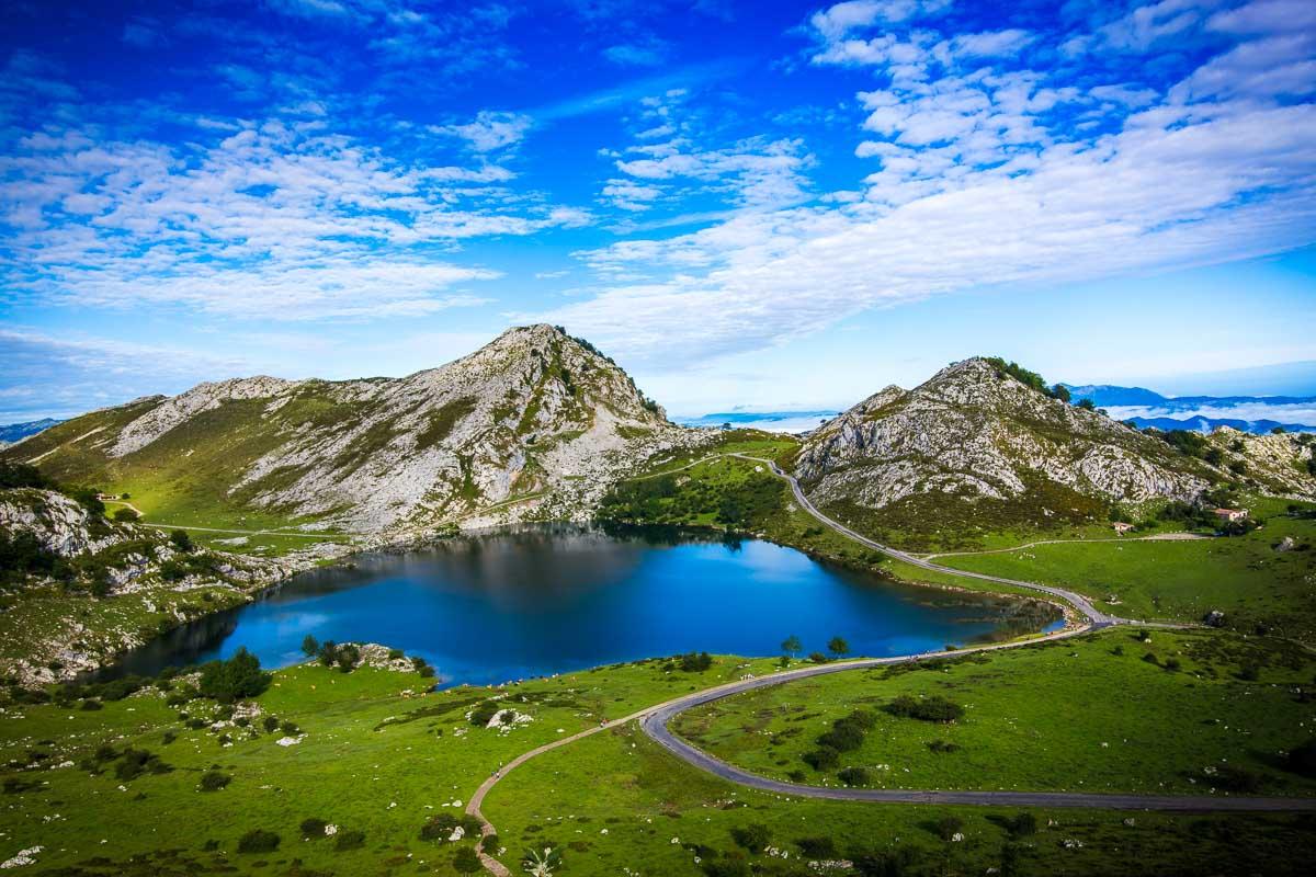 main view of the covadonga lakes in asturias spain