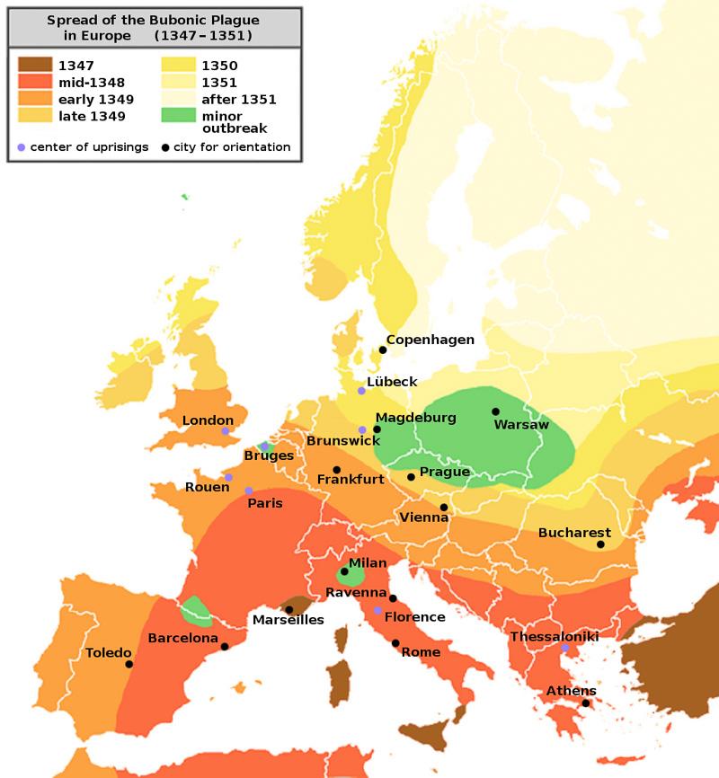 map of the bubonic plague in europe