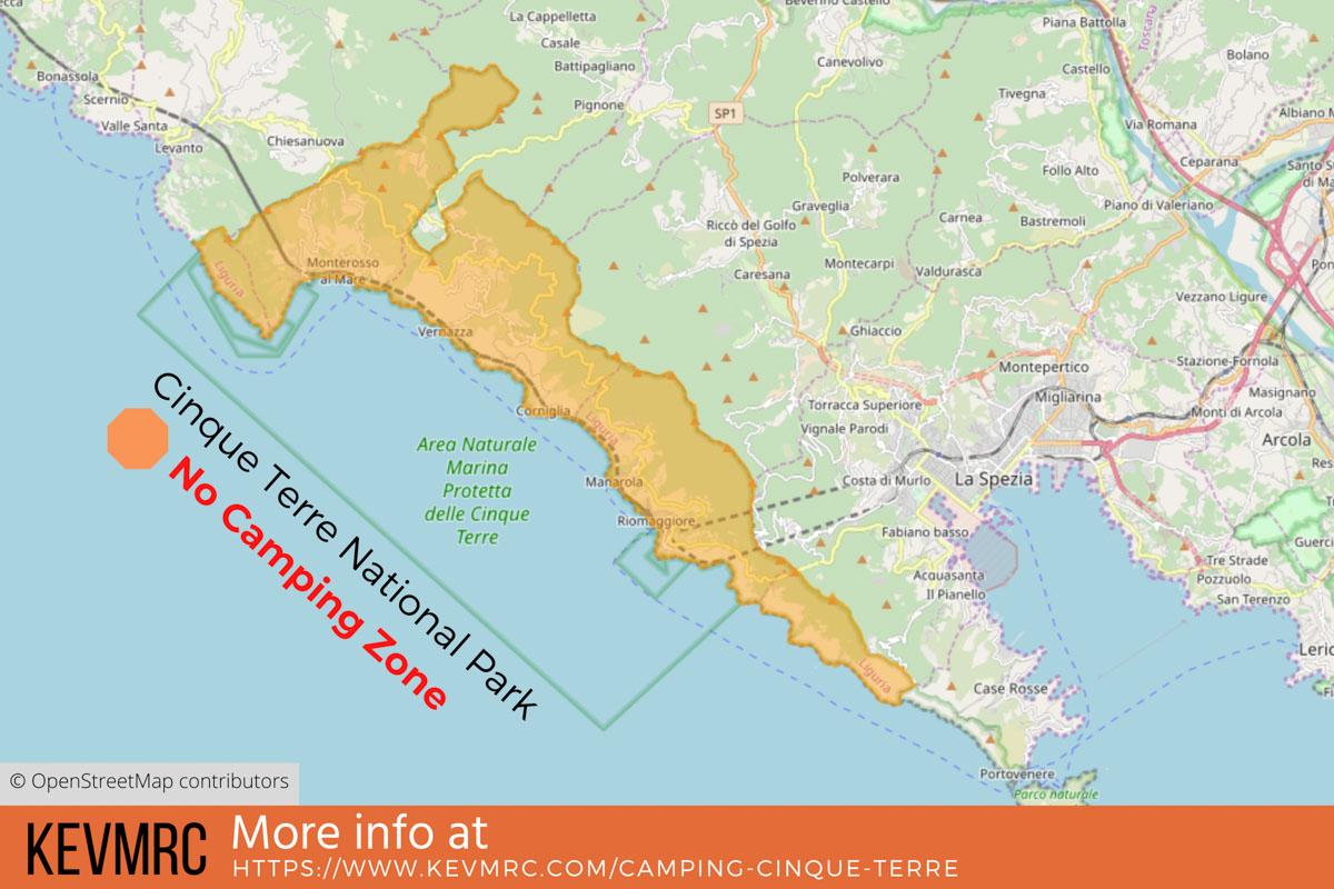 map of the no camping zone in cinque terre