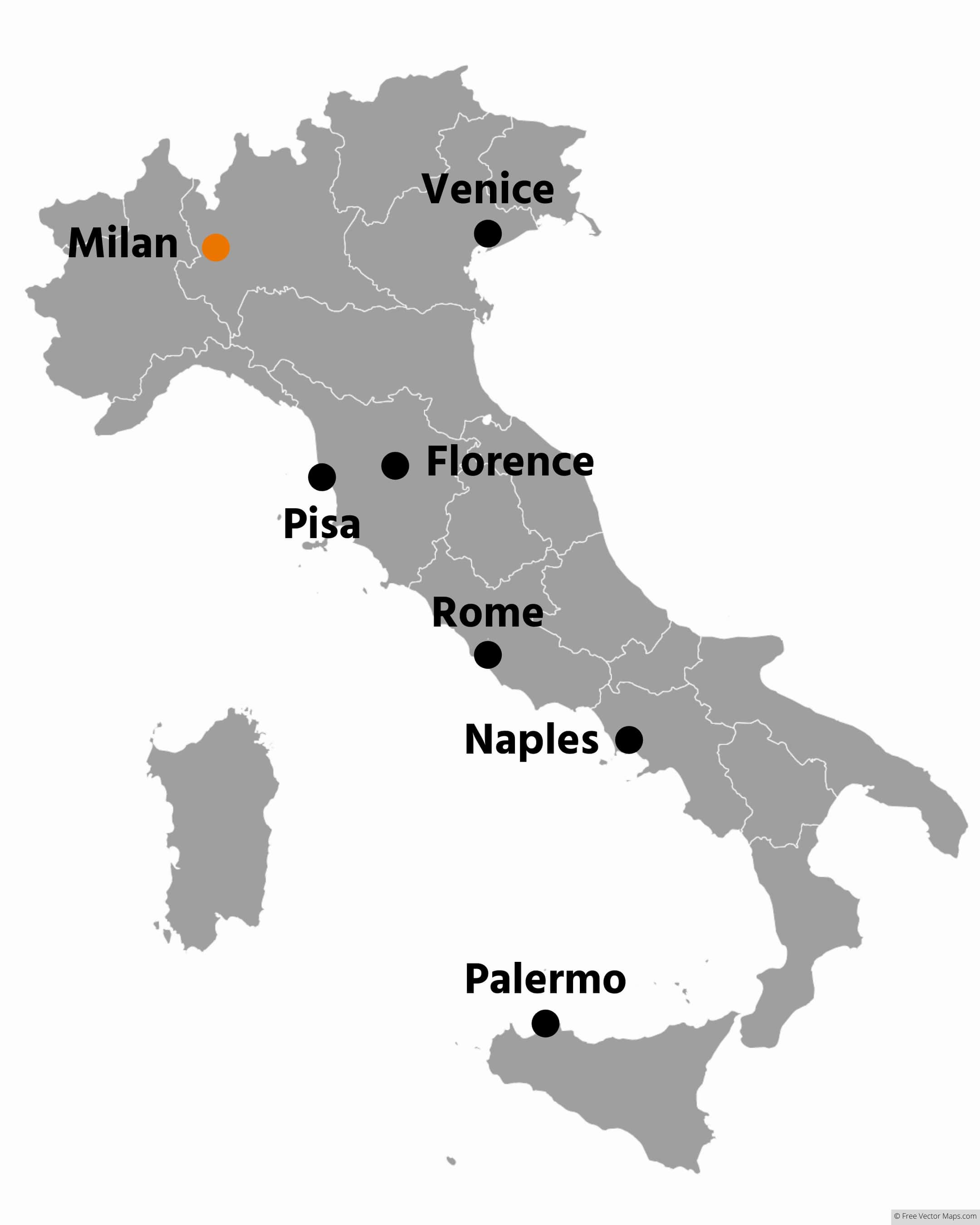 milan on the map of italy