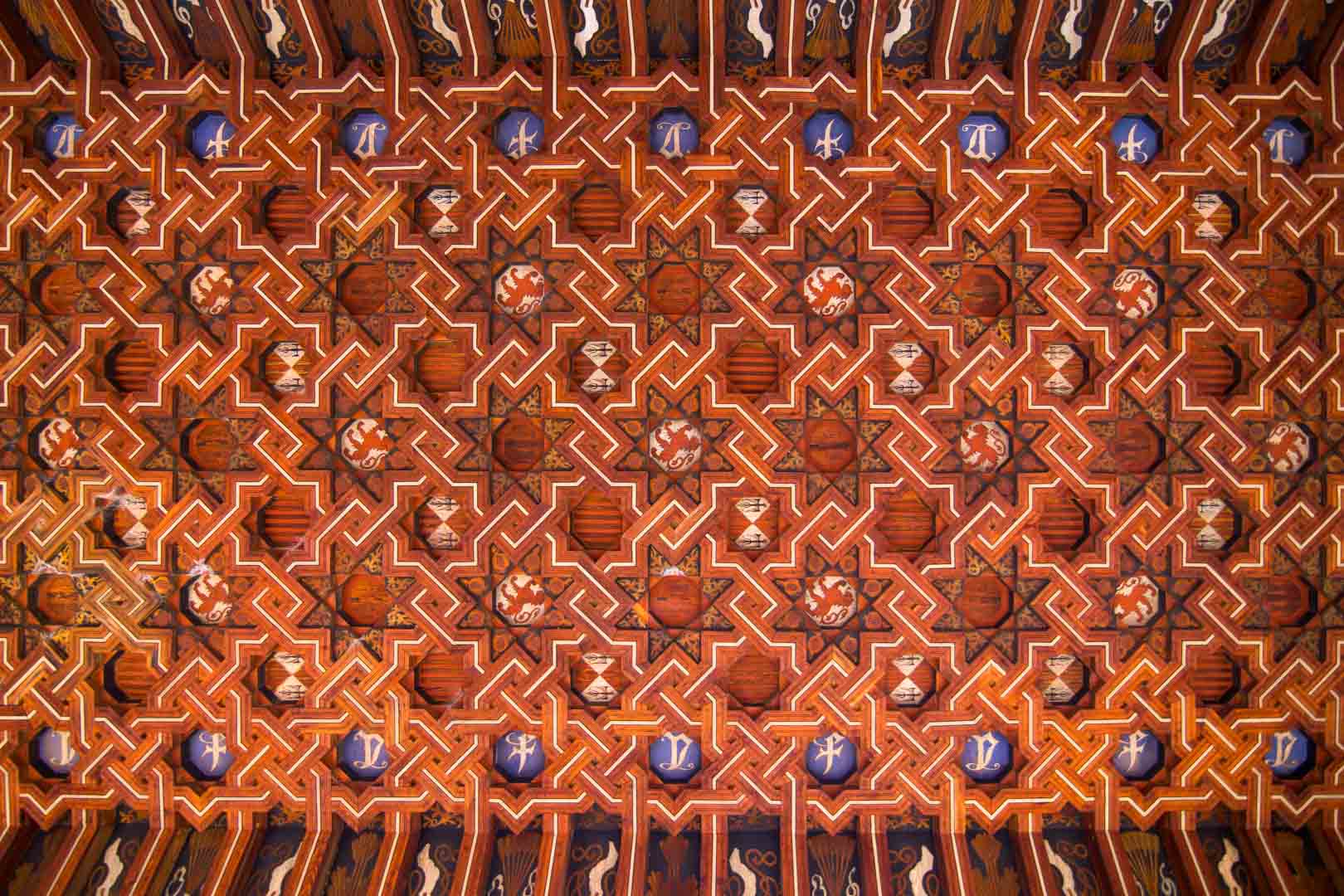 detail of the mudejar ceiling inside the cloister of san juan de los reyes toledo spain