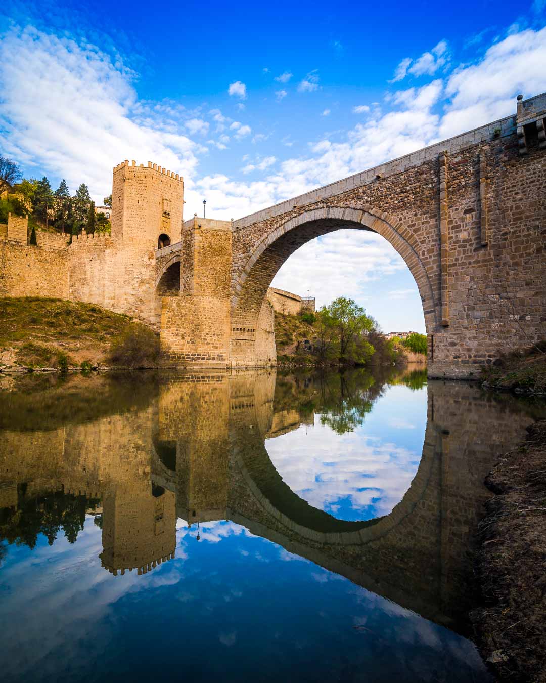 beautiful reflection of the puente alcantara in the tagus river