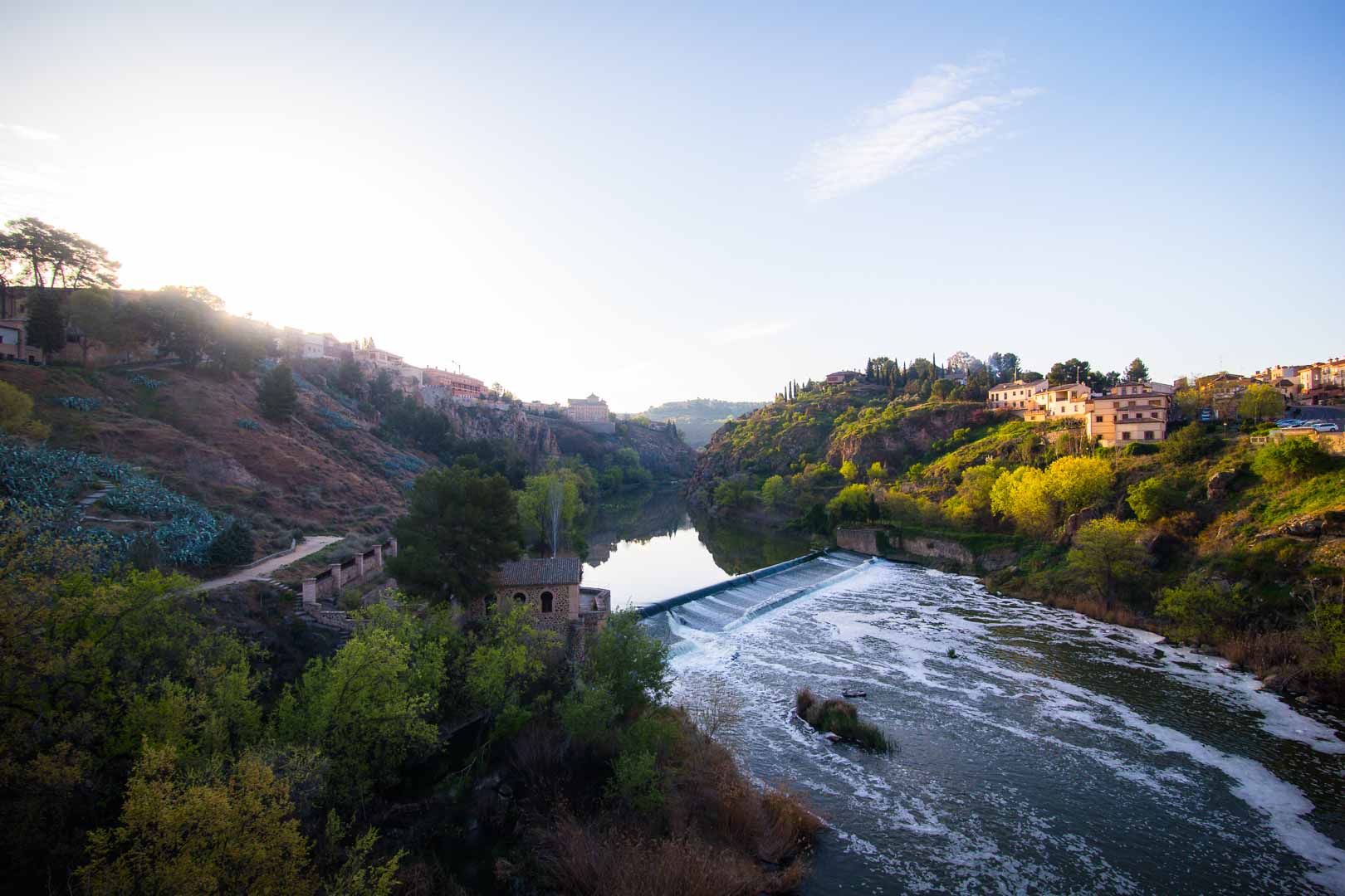 the view over the tejo river from the puente san martin toledo