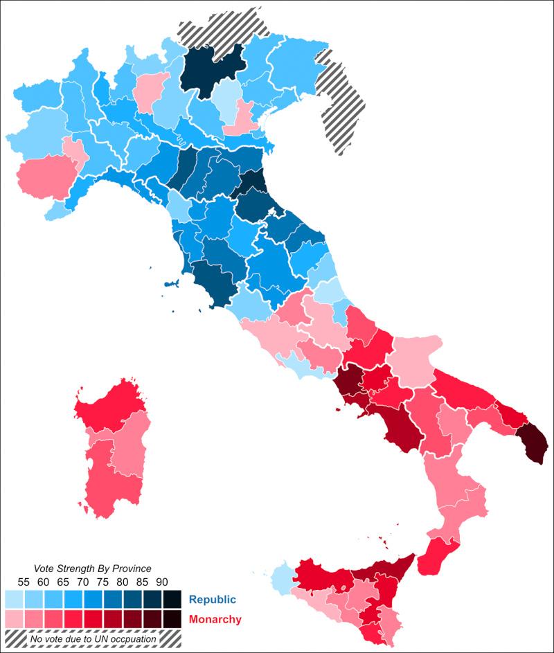 results of the referendum for italy republic on a map