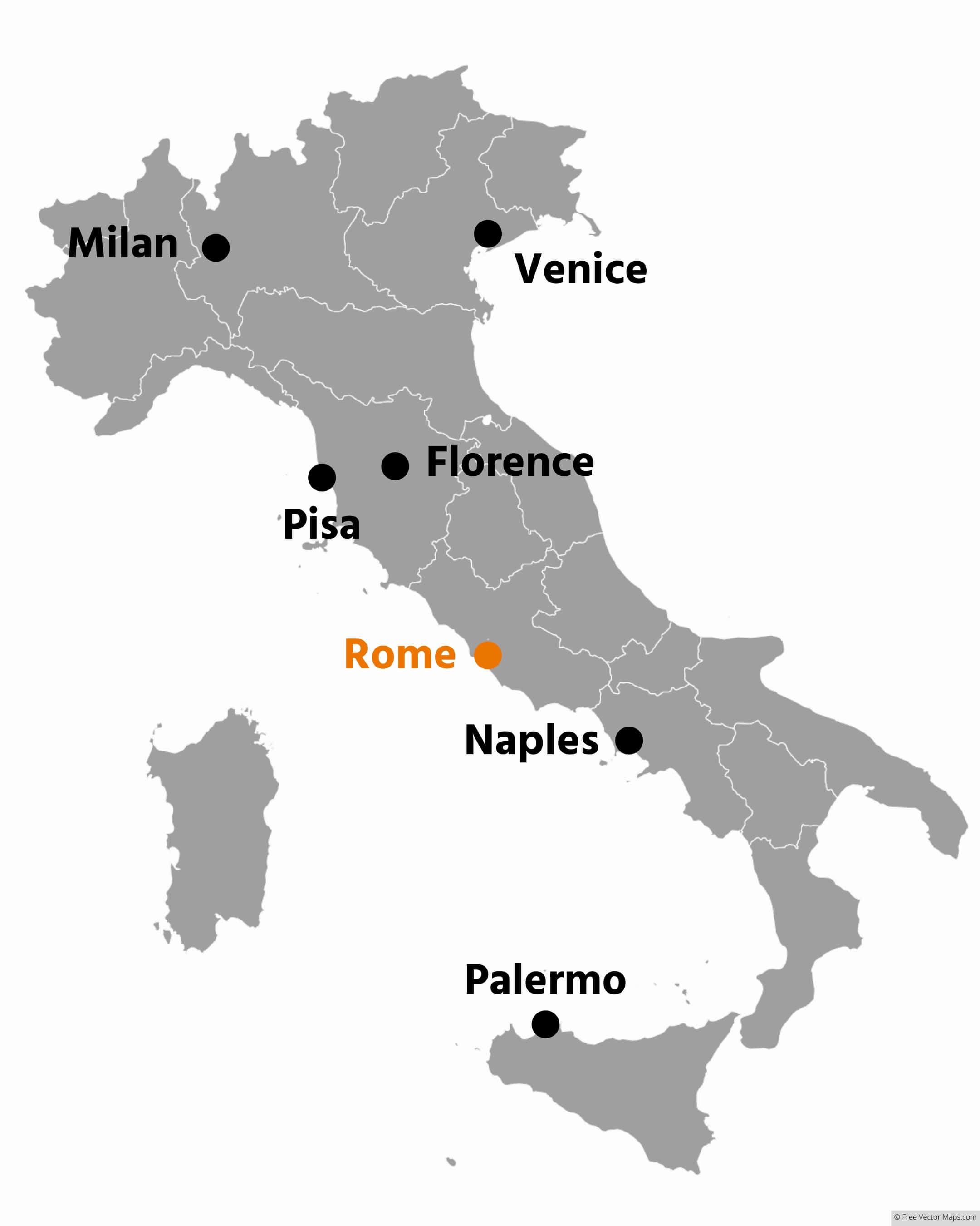 rome on the map of italy