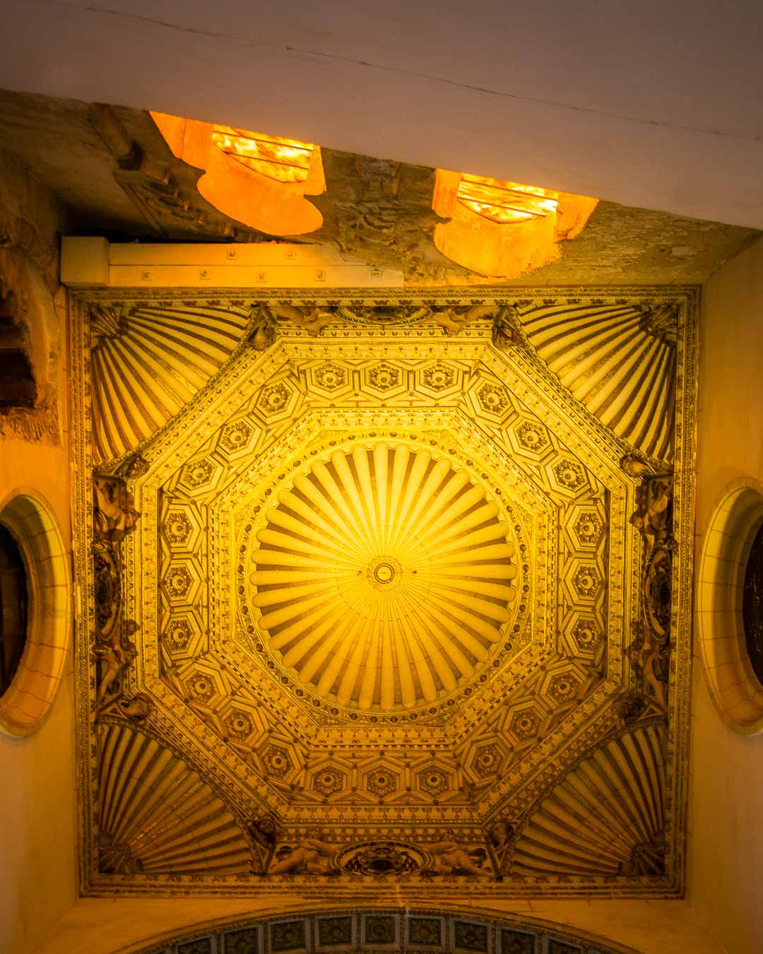 golden ceiling inside the sinagoga toledo spain