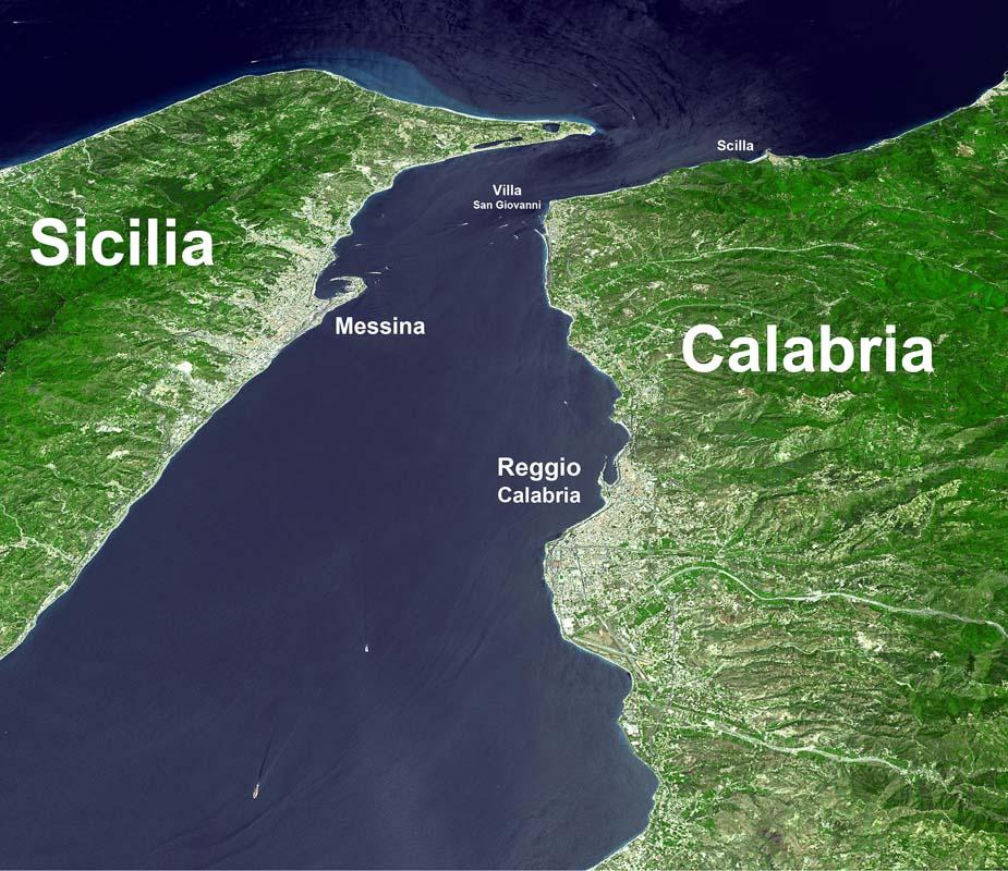 strait of messina between sicily and calabria