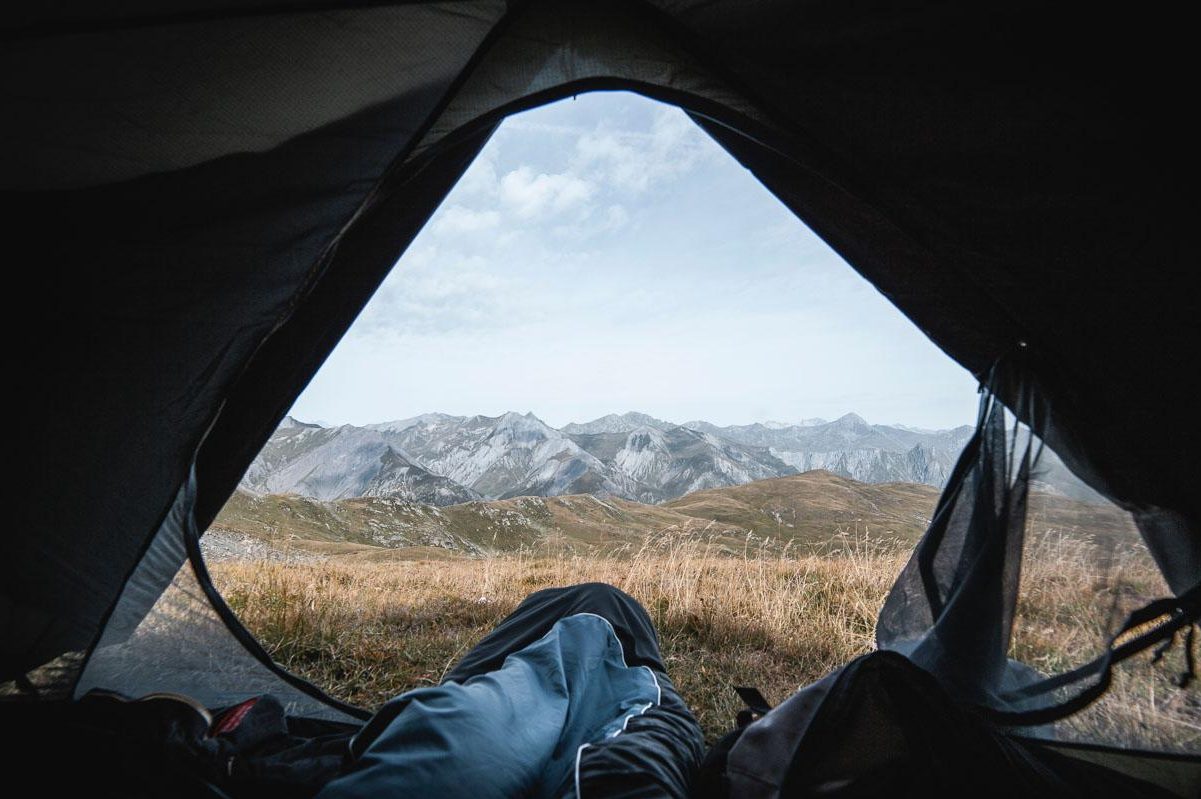 watching the mountain from a 6 man instant tent