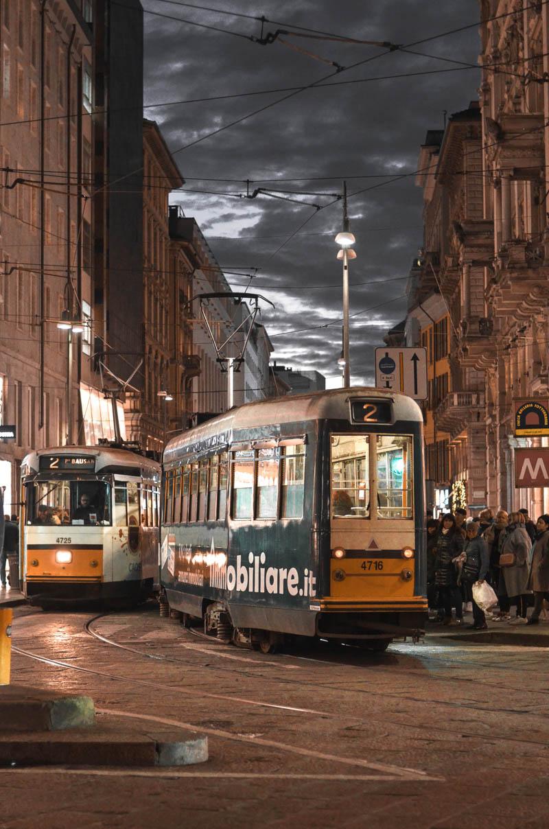 tram in milan at night