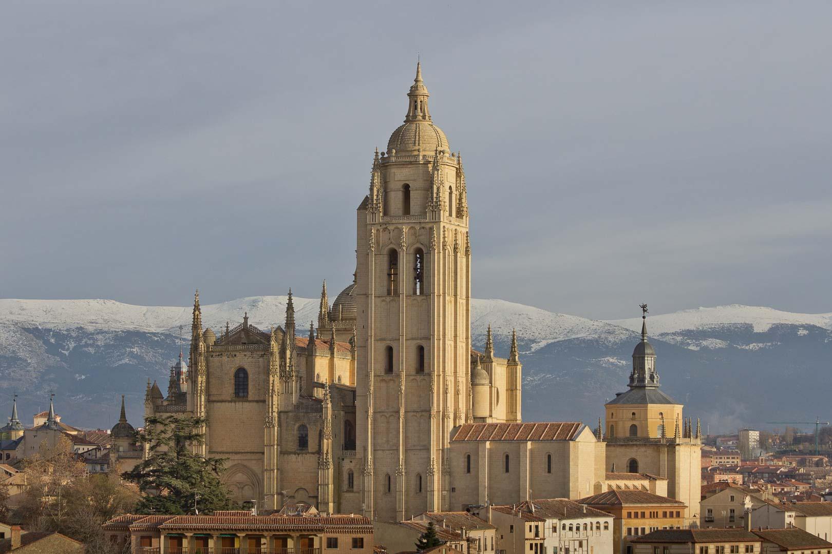 view of the segovia cathedral from the alcazar de segovia spain