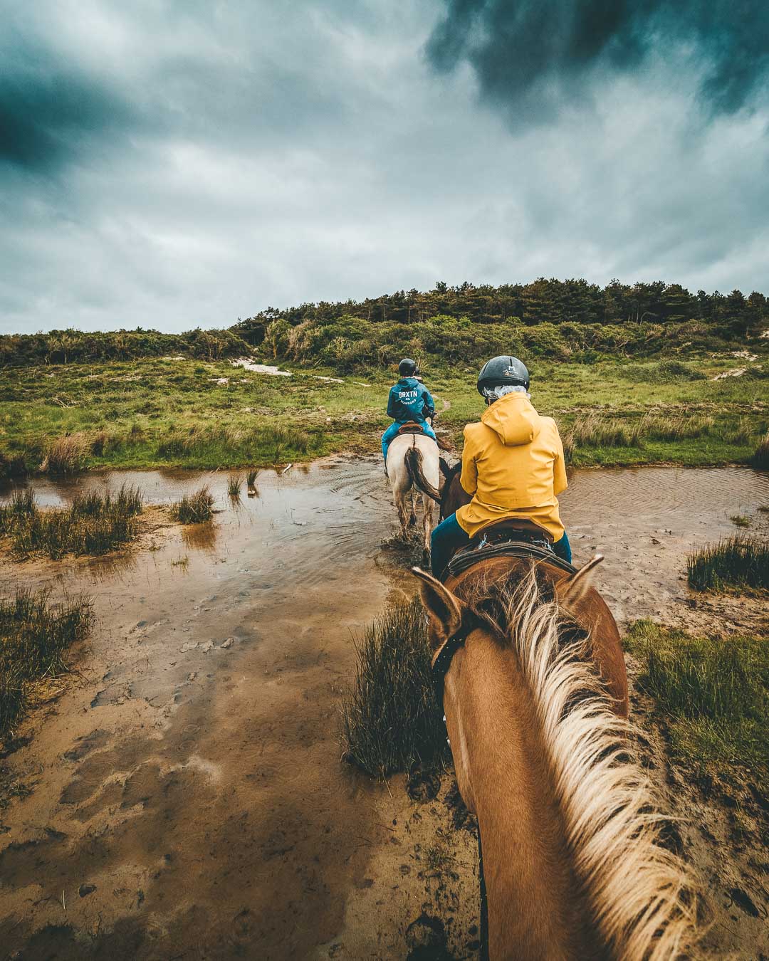 crossing a river with the horses