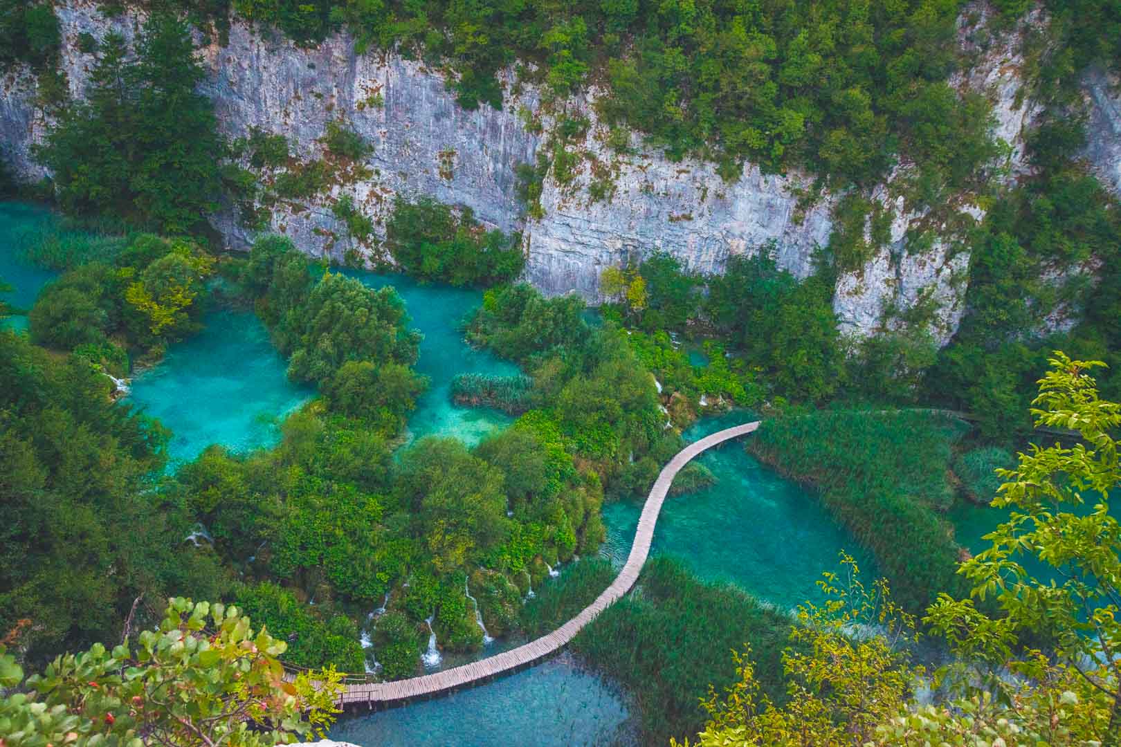 pathway over plitvice lakes from above horizontal format