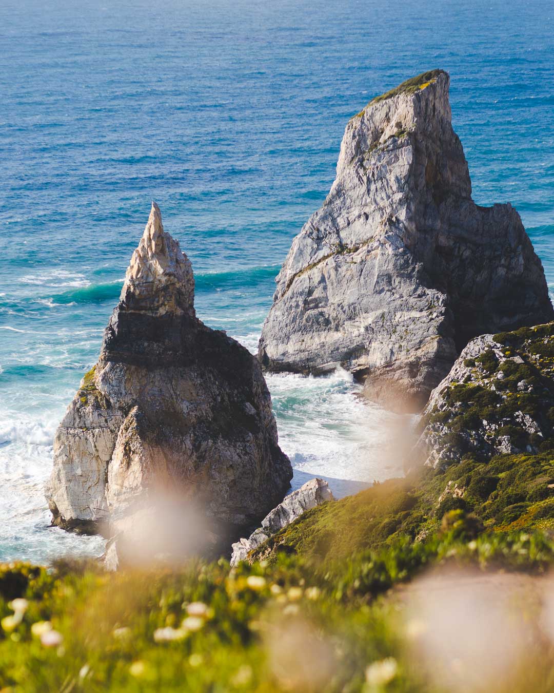 close up of the sea stacks in praia da ursa