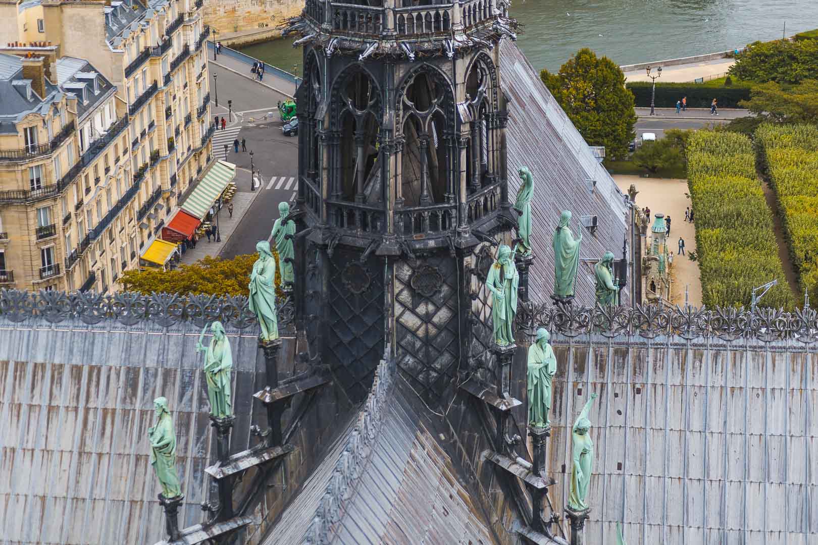 details of the rooftop of notre dame de paris