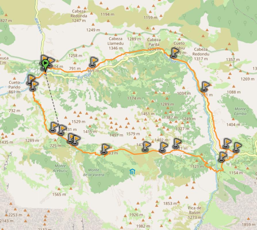 map of full circuit hike poncebos bulnes sotres tielve poncebos
