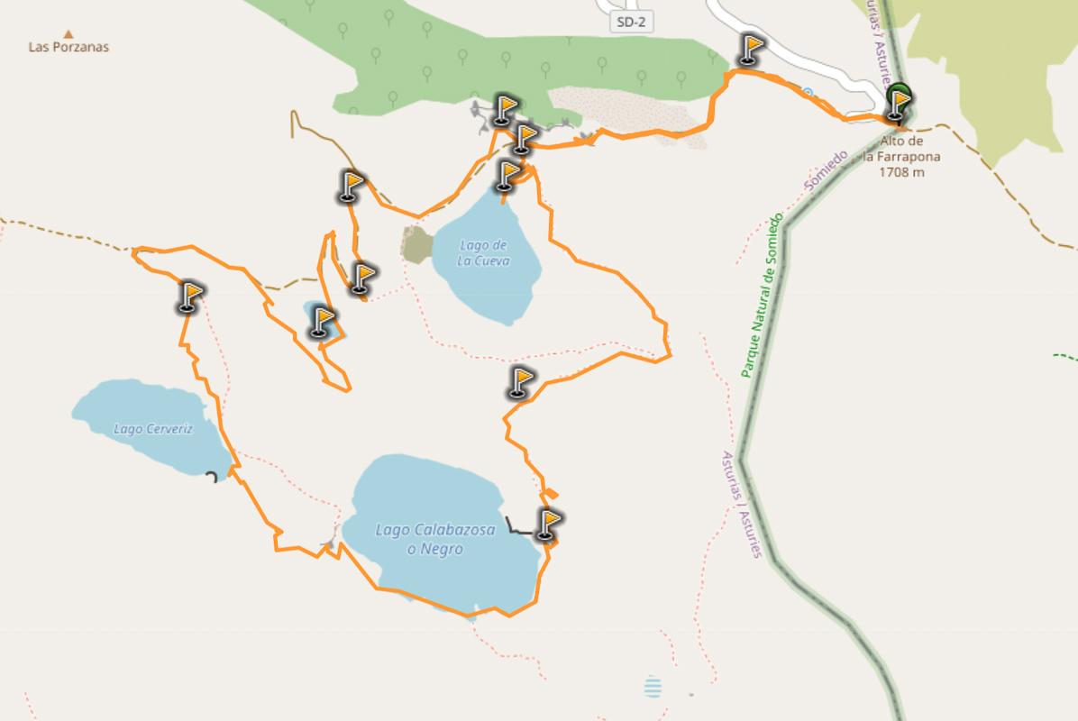 map of hike ruta lagos saliencia in somiedo asturias spain