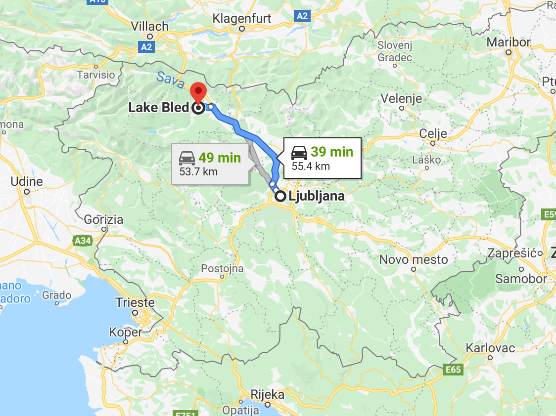 map of trip from ljubljana to lake bled slovenia