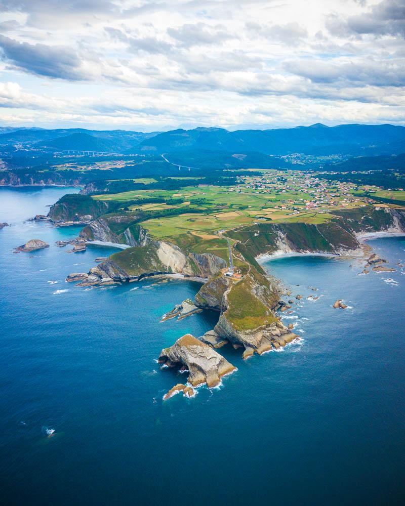 vertical view of cabo vidio and lighthouse from the sky