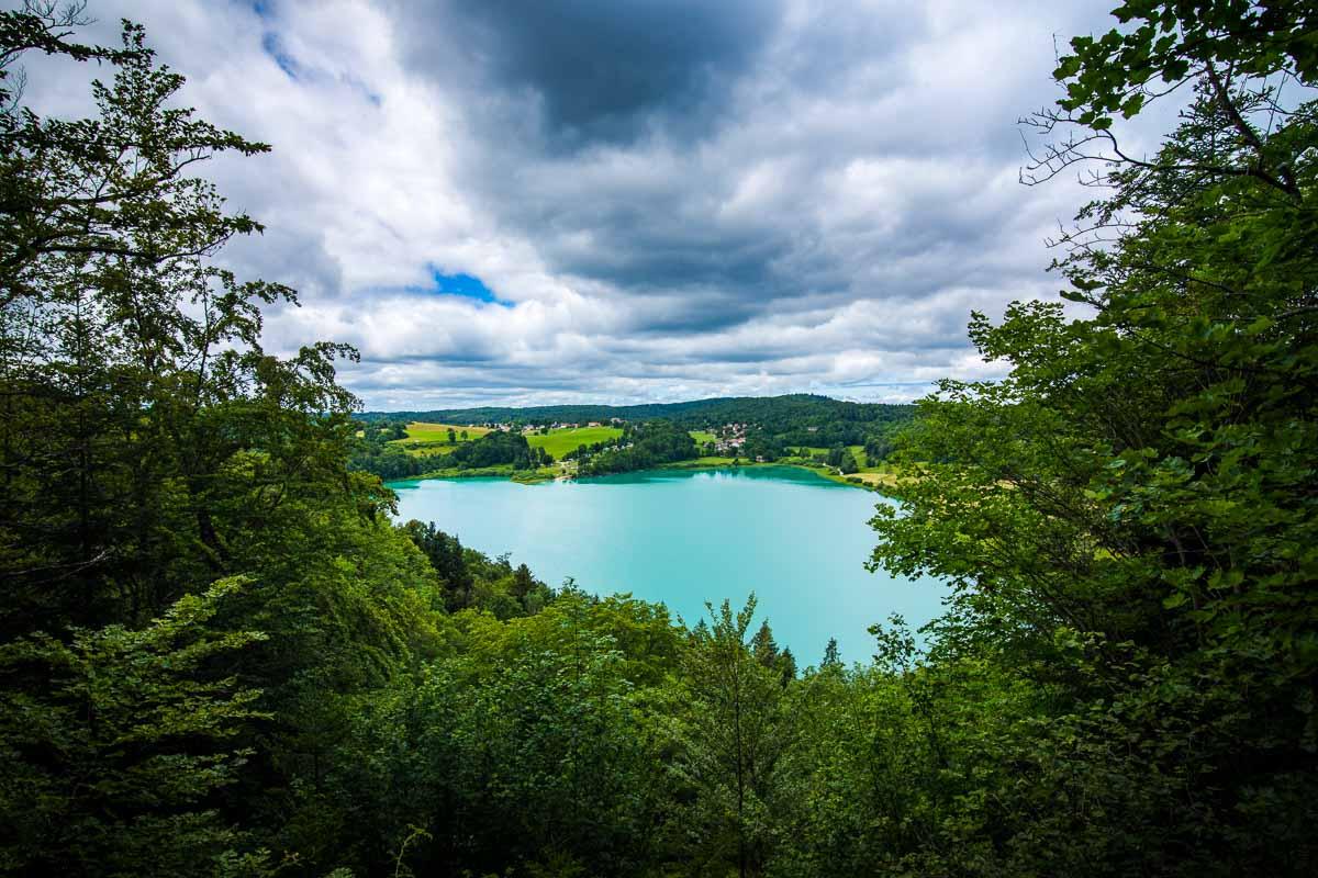 view of blue lake from viewpoint