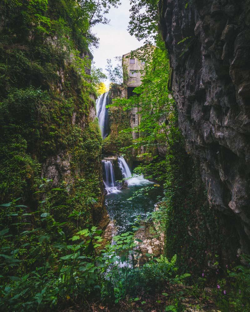 double waterfalls in gorge langouette