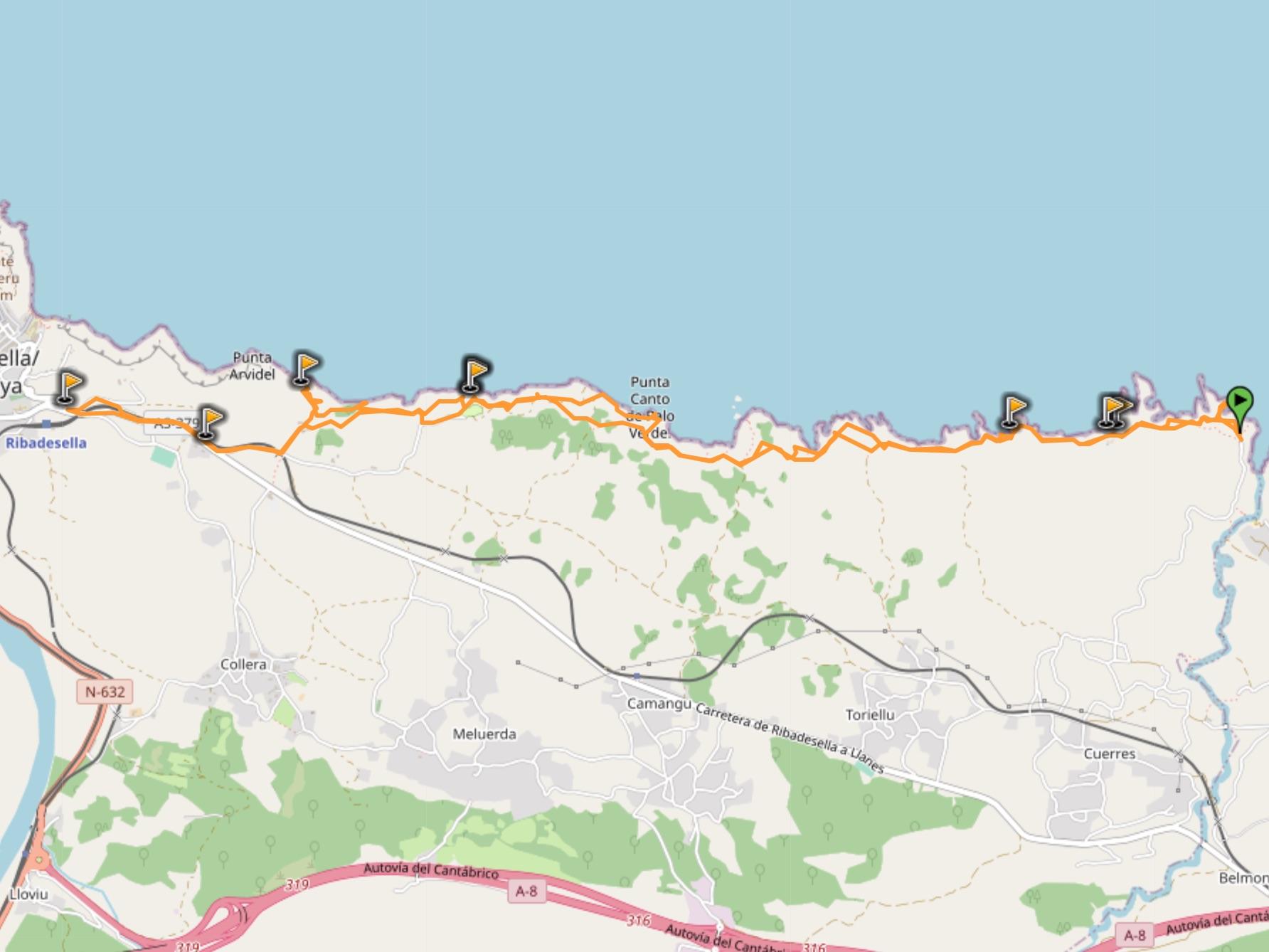 map of hike from bufones de pria to ribadesella asturias spain