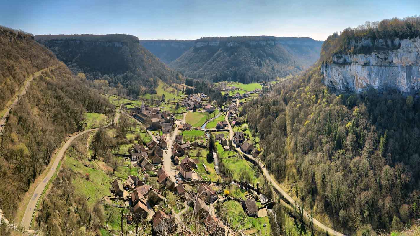 view over baume les messieurs from granges sur baume viewpoint