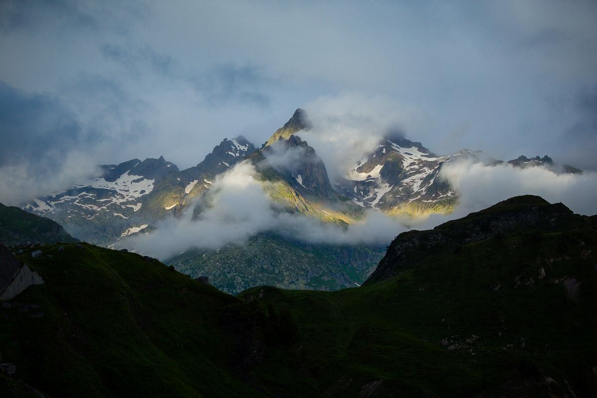 evening light on snowcapped mountain