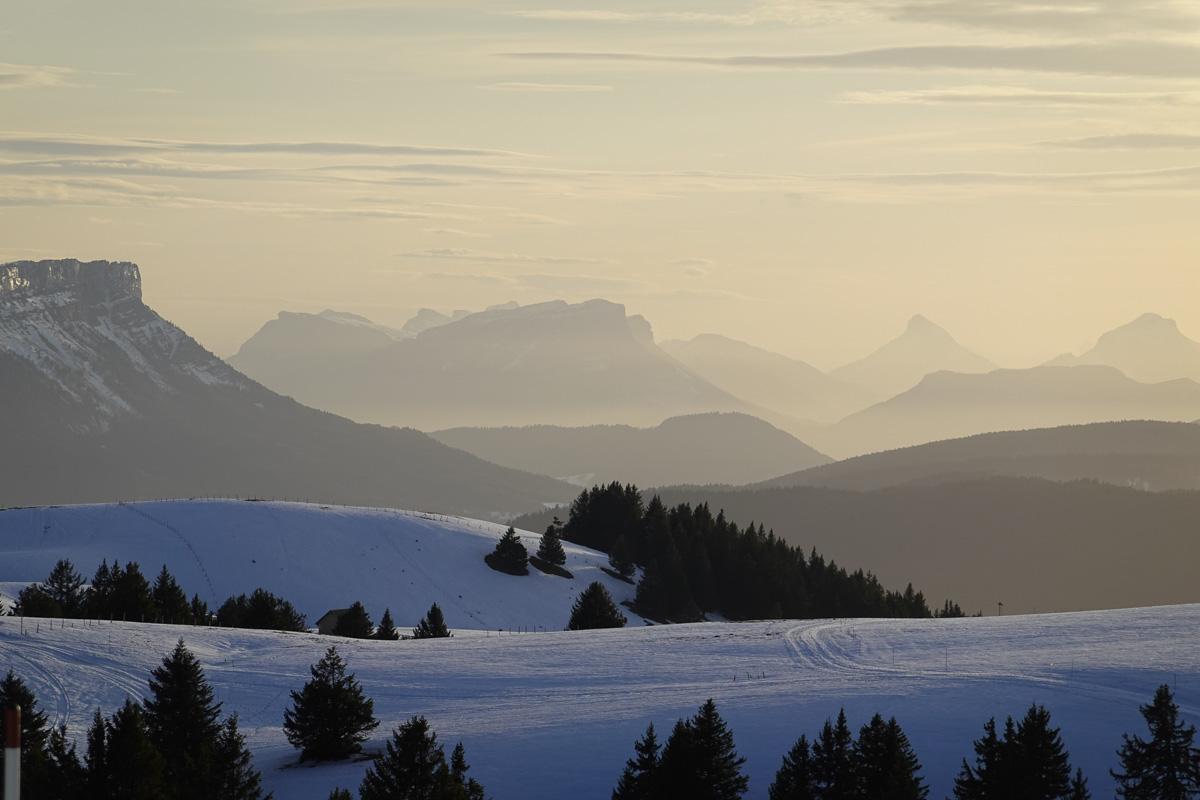 snowy mountains in le semnoz during snowshoe hike