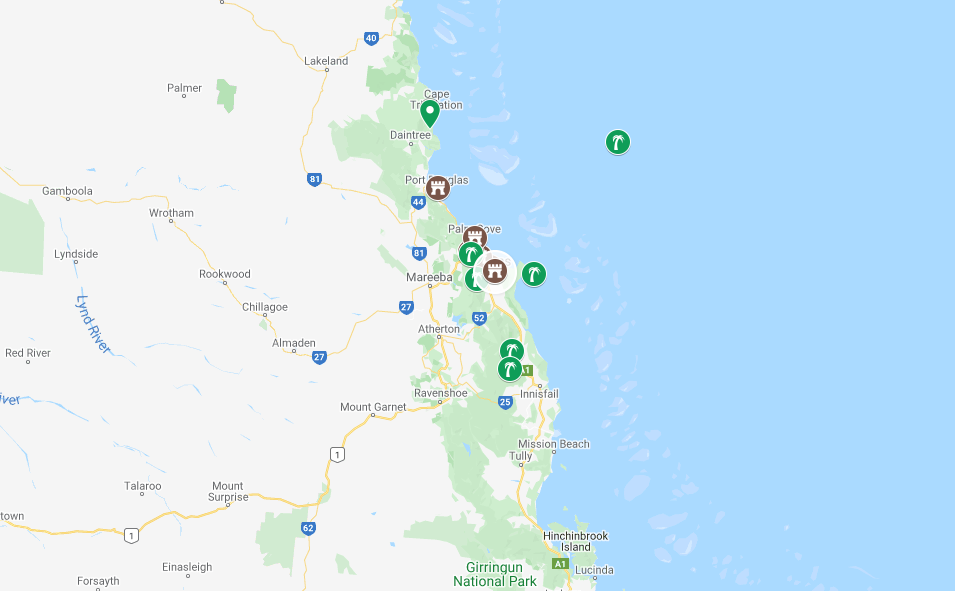map of the top 15 landmarks in cairns