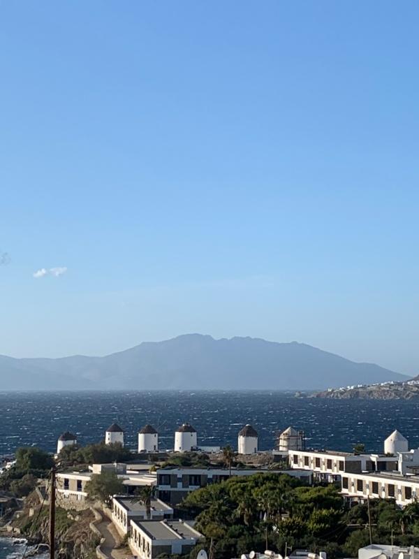 mykonos coastline and windmills