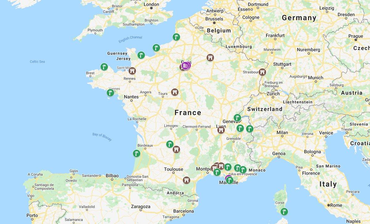 map of the famous landmarks in france