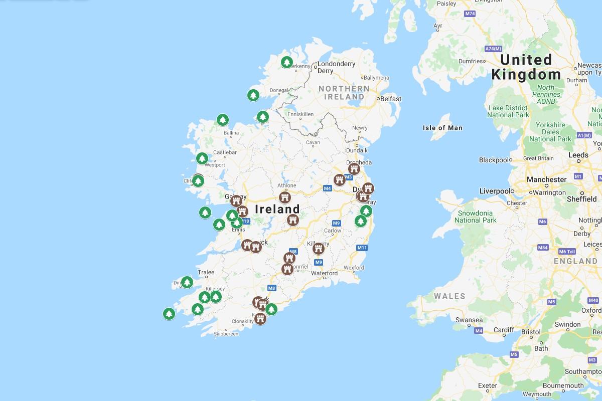 map of the famous landmarks in ireland