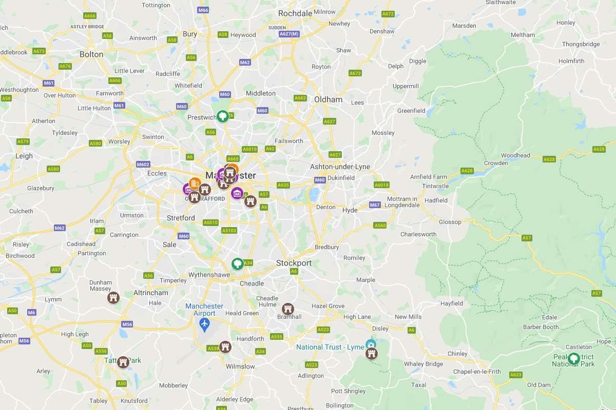 map of the famous landmarks in manchester