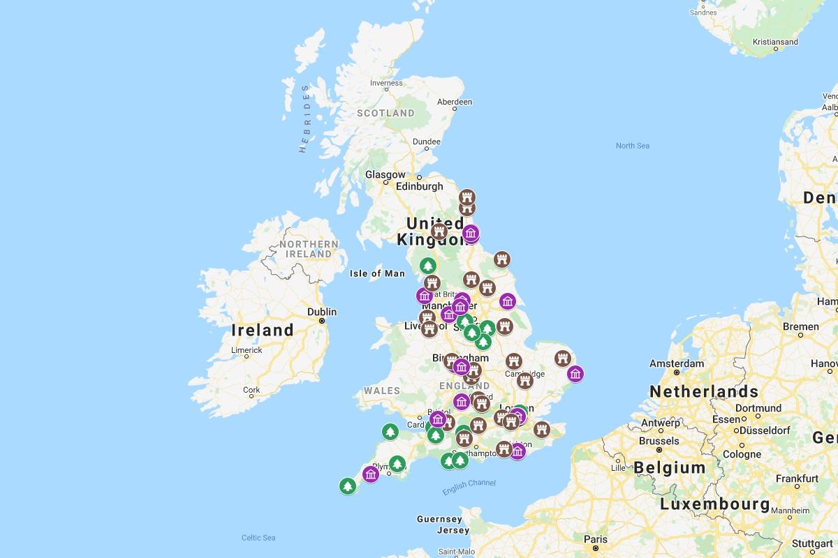 map of the most famous landmarks in england