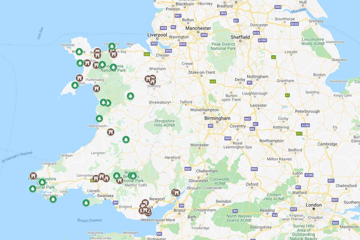 map of the famous landmarks wales has to offer
