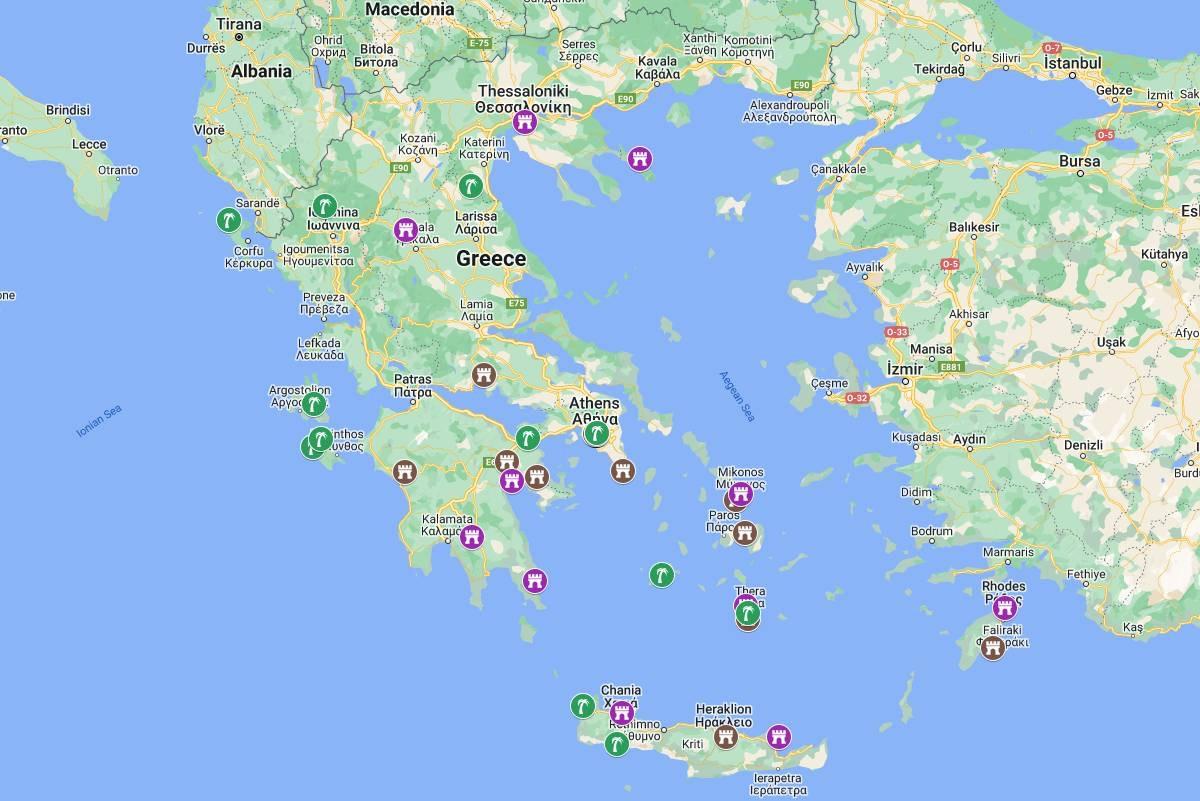 map of the 40 famous attractions greece has to offer