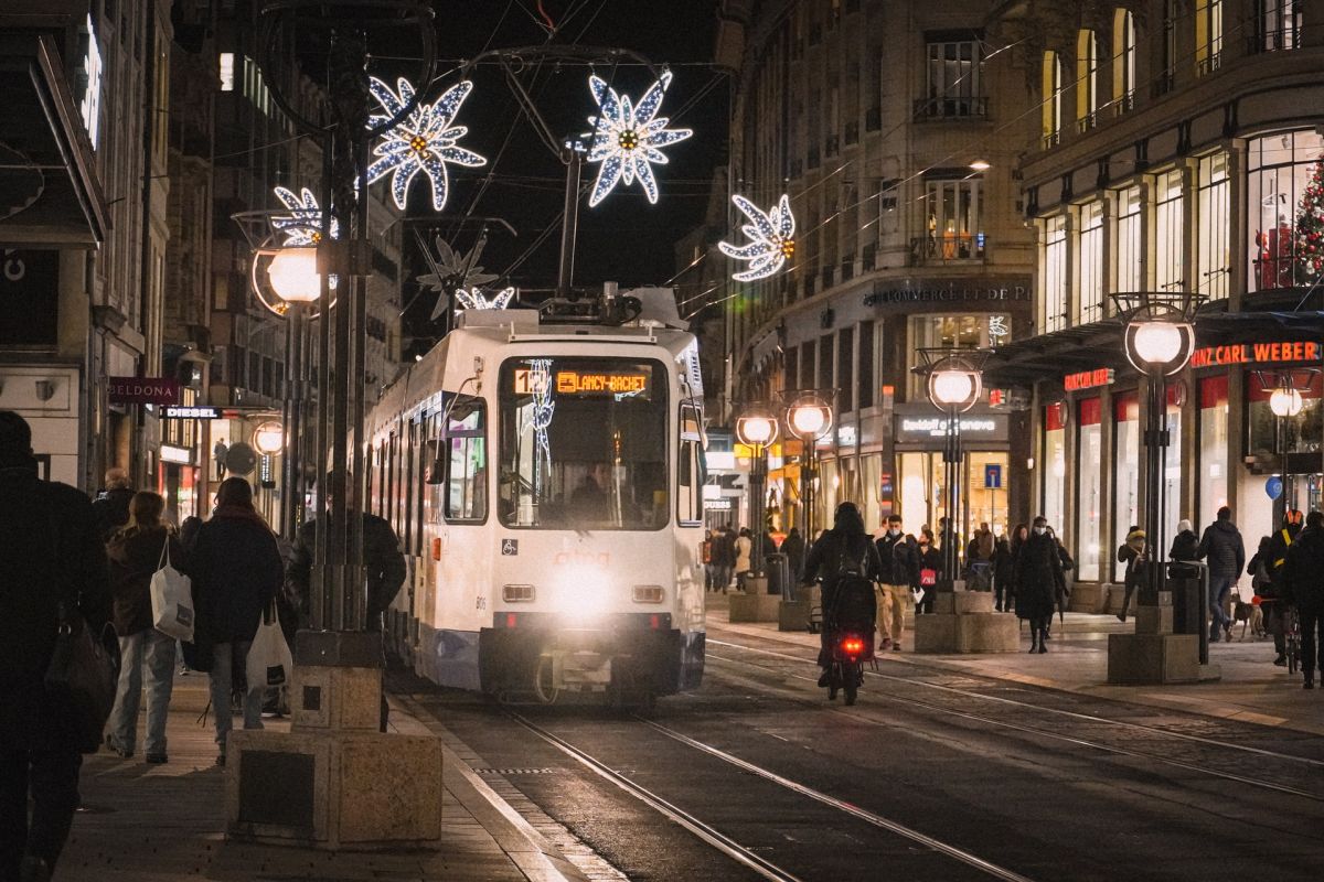 christmas lights during the winter in geneva switzerland