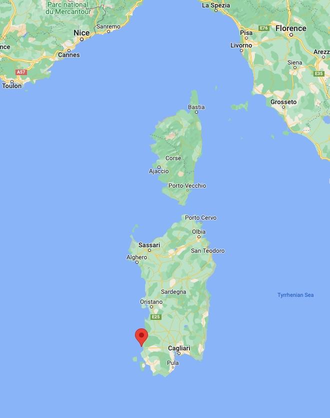 pan di zucchero and porto flavia on sardinia map